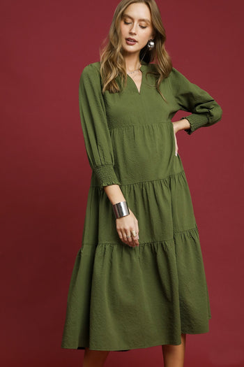 Umgee Solid Color Textured Midi Dress in Olive