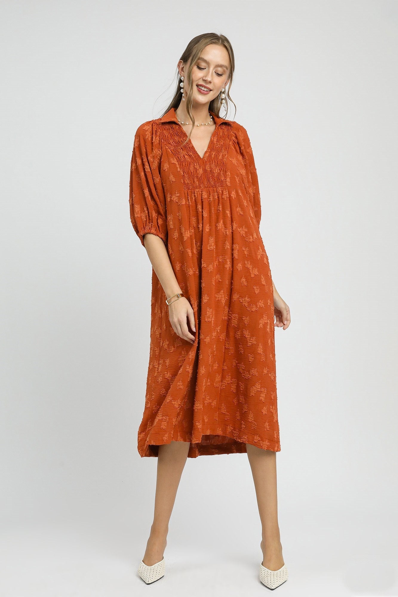 Umgee Solid Color Jacquard Textured Midi Dress in Rust – June Adel Umgee Solid Color Jacquard Textured Midi Dress in Rust – June Adel