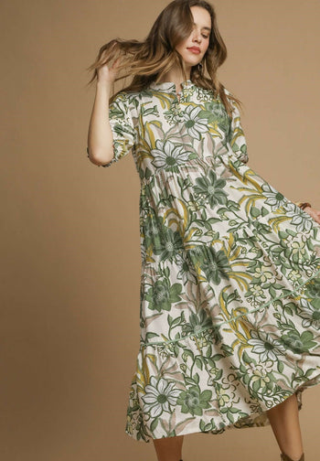 Umgee Bold Floral Print Midi Dress in Green Mix
