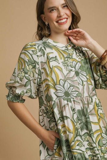 Umgee Bold Floral Print Midi Dress in Green Mix