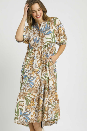 Umgee Bold Floral Print Midi Dress in Latte Mix