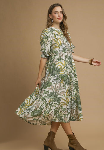 Umgee Bold Floral Print Midi Dress in Green Mix
