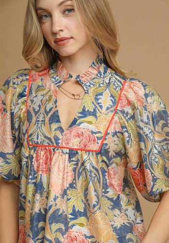 Umgee Floral Print Peasant Top in Navy Mix