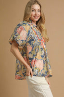 Umgee Floral Print Peasant Top in Navy Mix