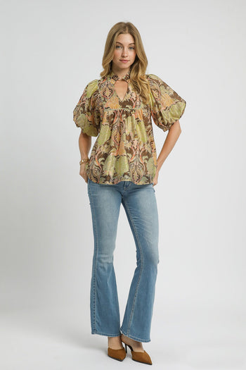 Umgee Floral Print Peasant Top in Brown Mix