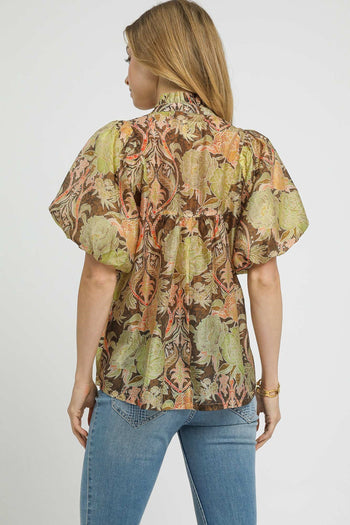 Umgee Floral Print Peasant Top in Brown Mix