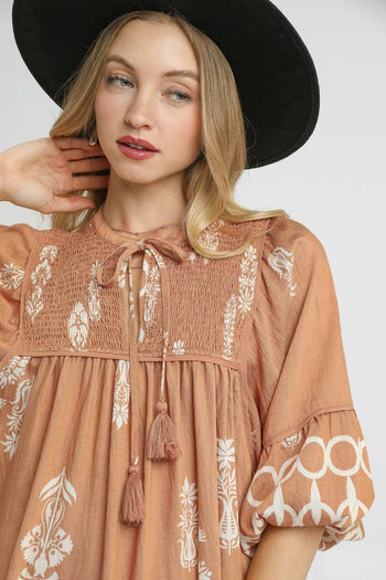 Umgee Exclusive Boarder Print Mini Dress in Mocha