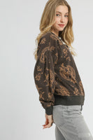 Umgee French Terry Knit Contrasting Color Paisley Print Top in Brown