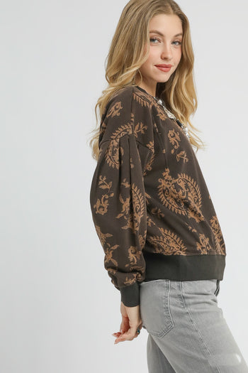 Umgee French Terry Knit Contrasting Color Paisley Print Top in Brown