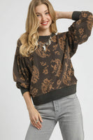 Umgee French Terry Knit Contrasting Color Paisley Print Top in Brown