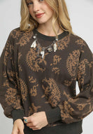 Umgee French Terry Knit Contrasting Color Paisley Print Top in Brown