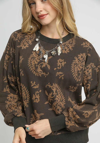 Umgee French Terry Knit Contrasting Color Paisley Print Top in Brown