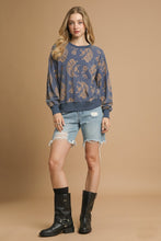 Load image into Gallery viewer, Umgee French Terry Knit Contrasting Color Paisley Print Top in Denim
