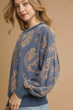 Load image into Gallery viewer, Umgee French Terry Knit Contrasting Color Paisley Print Top in Denim
