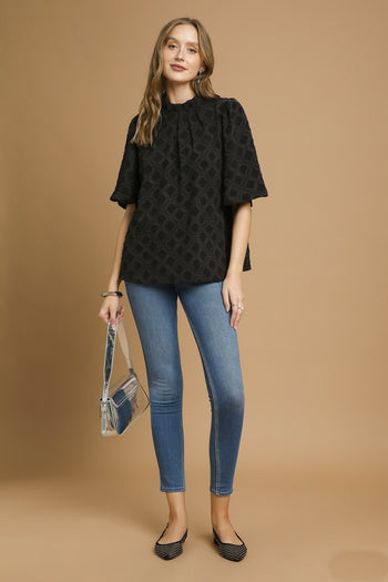 Umgee Jacquard Textured Lattice Pattern Top in Black