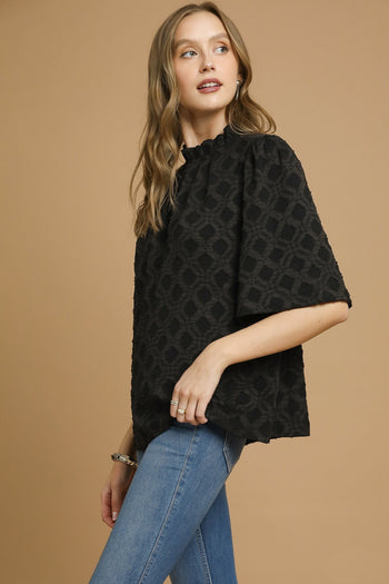 Umgee Jacquard Textured Lattice Pattern Top in Black