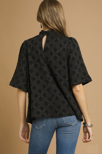 Umgee Jacquard Textured Lattice Pattern Top in Black