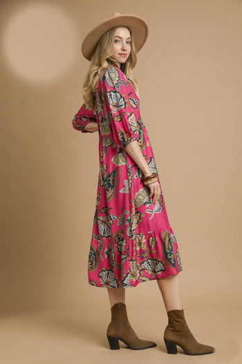 Umgee Boho Paisley Print Midi Dress in Pink