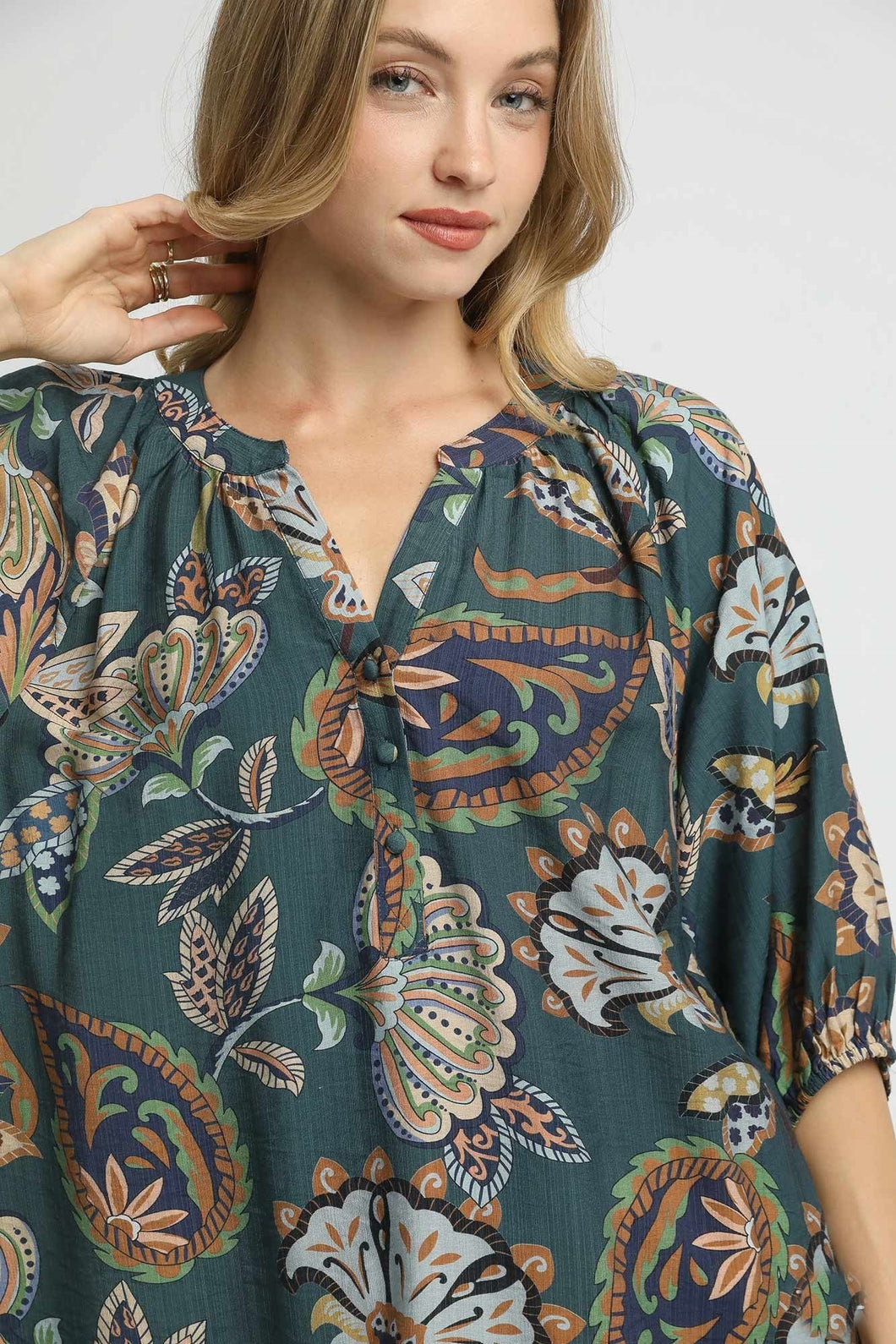 Umgee Boho Paisley Print Top in Teal