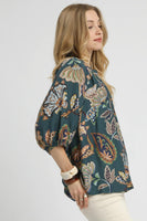 Umgee Boho Paisley Print Top in Teal