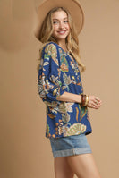 Umgee Boho Paisley Print Top in Navy