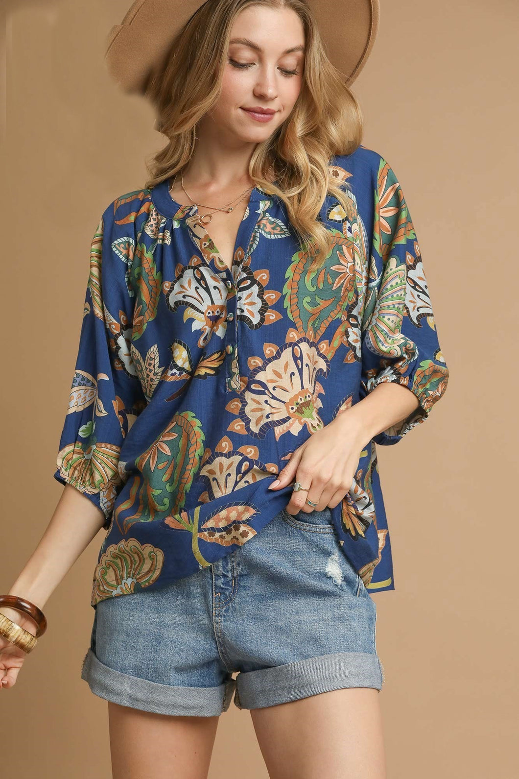 Umgee Boho Paisley Print Top in Navy