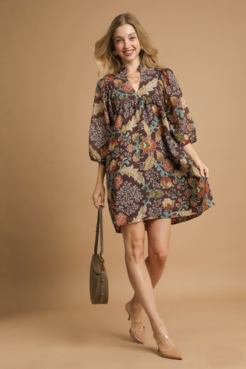 Umgee Floral Print Mini Dress in Brown
