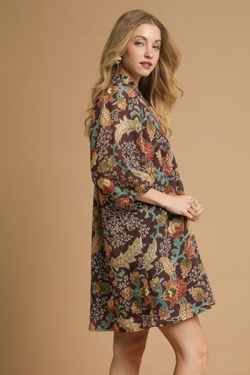 Umgee Floral Print Mini Dress in Brown