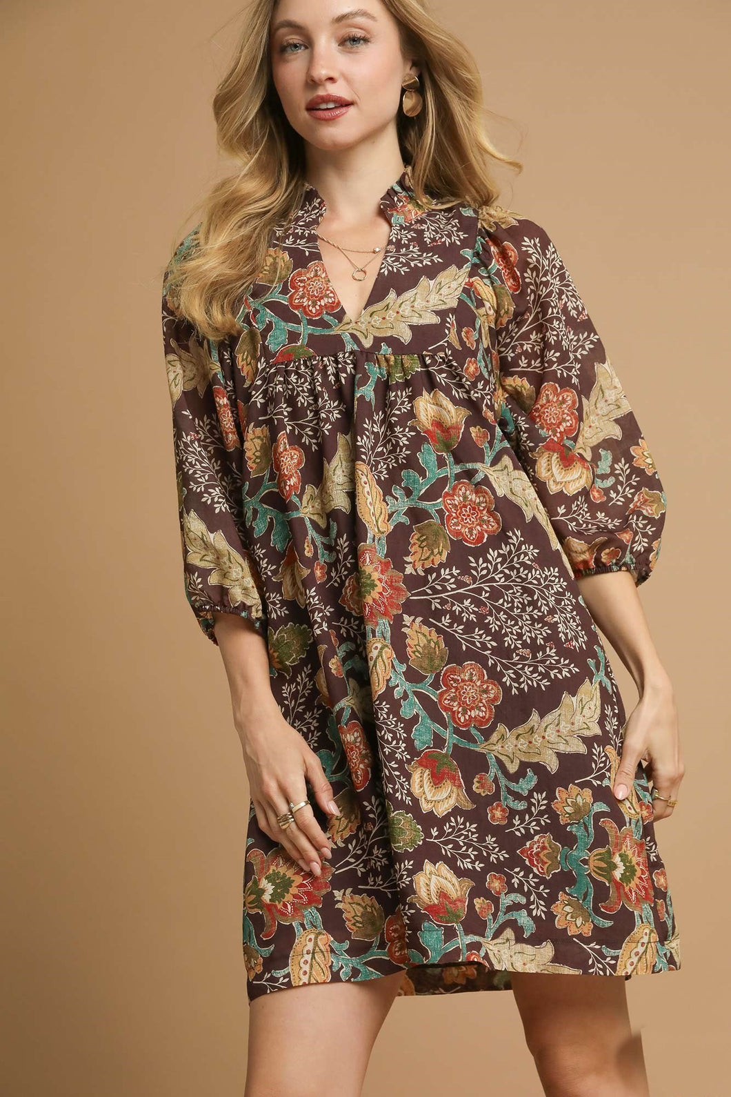 Umgee Floral Print Mini Dress in Brown