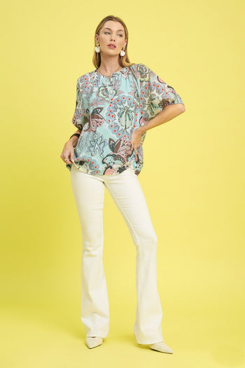 Umgee Floral and Paisley Mixed Print Top in Blue