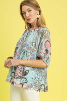 Umgee Floral and Paisley Mixed Print Top in Blue