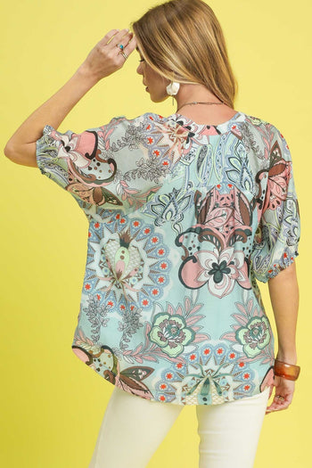 Umgee Floral and Paisley Mixed Print Top in Blue