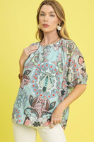 Umgee Floral and Paisley Mixed Print Top in Blue