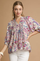 Umgee Floral and Paisley Print Boho Top in Blue