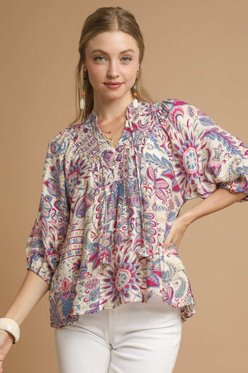 Umgee Floral and Paisley Print Boho Top in Blue