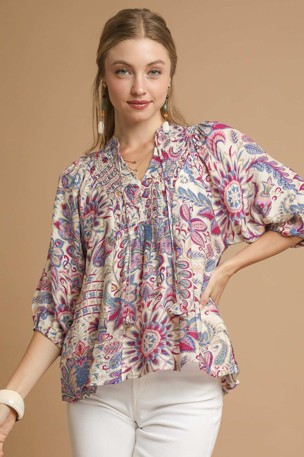 Umgee Floral and Paisley Print Boho Top in Blue