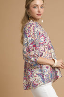 Umgee Floral and Paisley Print Boho Top in Blue