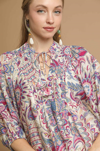 Umgee Floral and Paisley Print Boho Top in Blue