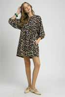 Umgee Corduroy Floral Print Baby Doll Mini Dress in Black