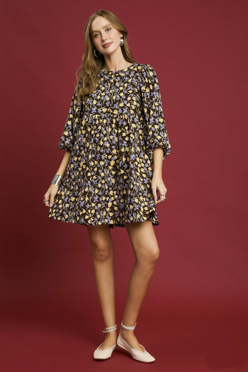 floral print corduroy mini dress Cocoa Floral Print Ruffle Neckline Corduroy Mini Dress