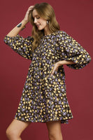 Umgee Corduroy Floral Print Baby Doll Mini Dress in Brown