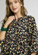 Umgee Corduroy Floral Print Baby Doll Mini Dress in Black