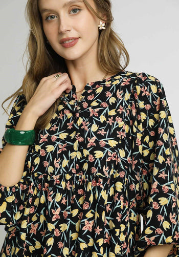 Umgee Corduroy Floral Print Baby Doll Mini Dress in Black