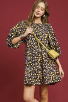 Umgee Corduroy Floral Print Baby Doll Mini Dress in Brown