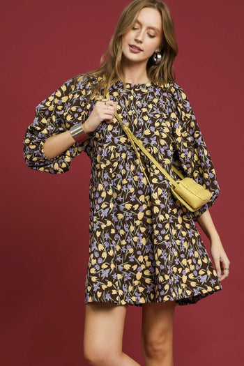 Umgee Corduroy Floral Print Baby Doll Mini Dress in Brown