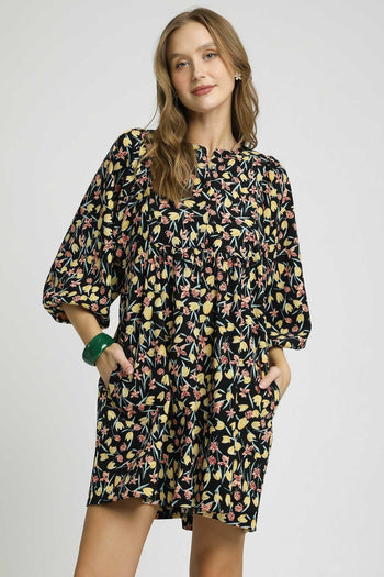 Umgee Corduroy Floral Print Baby Doll Mini Dress in Black M Umgee Corduroy Floral Print Baby Doll Mini Dress in Black M