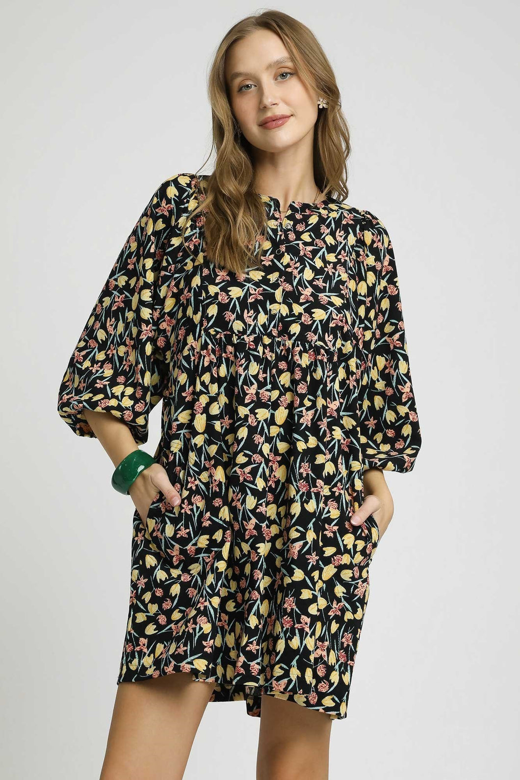 Umgee Corduroy Floral Print Baby Doll Mini Dress in Black