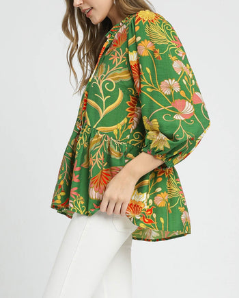 Umgee Floral Print Peplum Top in Green Mix