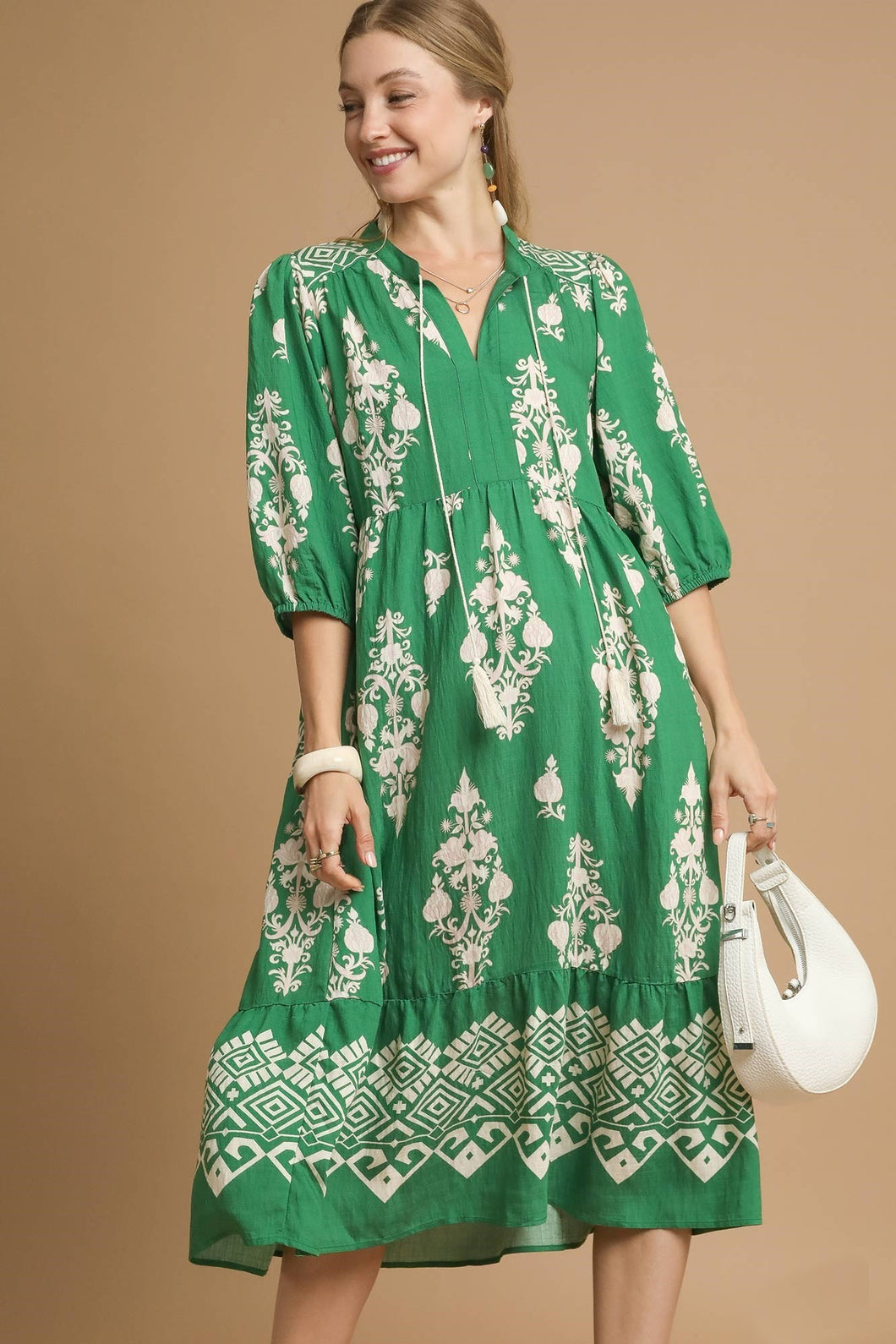 Umgee Two Toned Abstract Print Midi Dress in Green