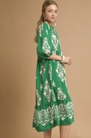 Umgee Two Toned Abstract Print Midi Dress in Green